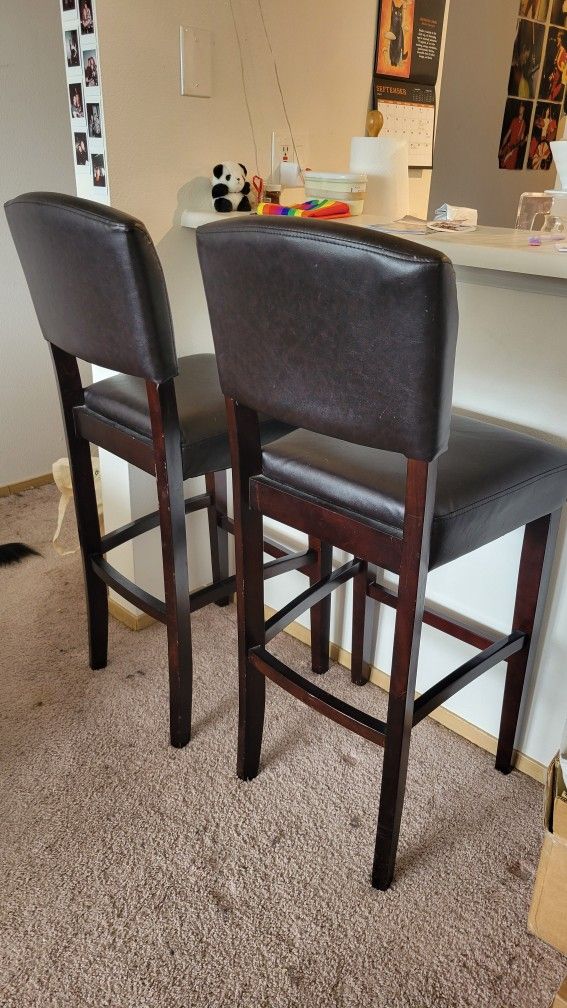 Bar Stools - Black Leather and Brown Wood