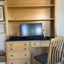 Light Wood Desk with Hutch and Drawers with Chair