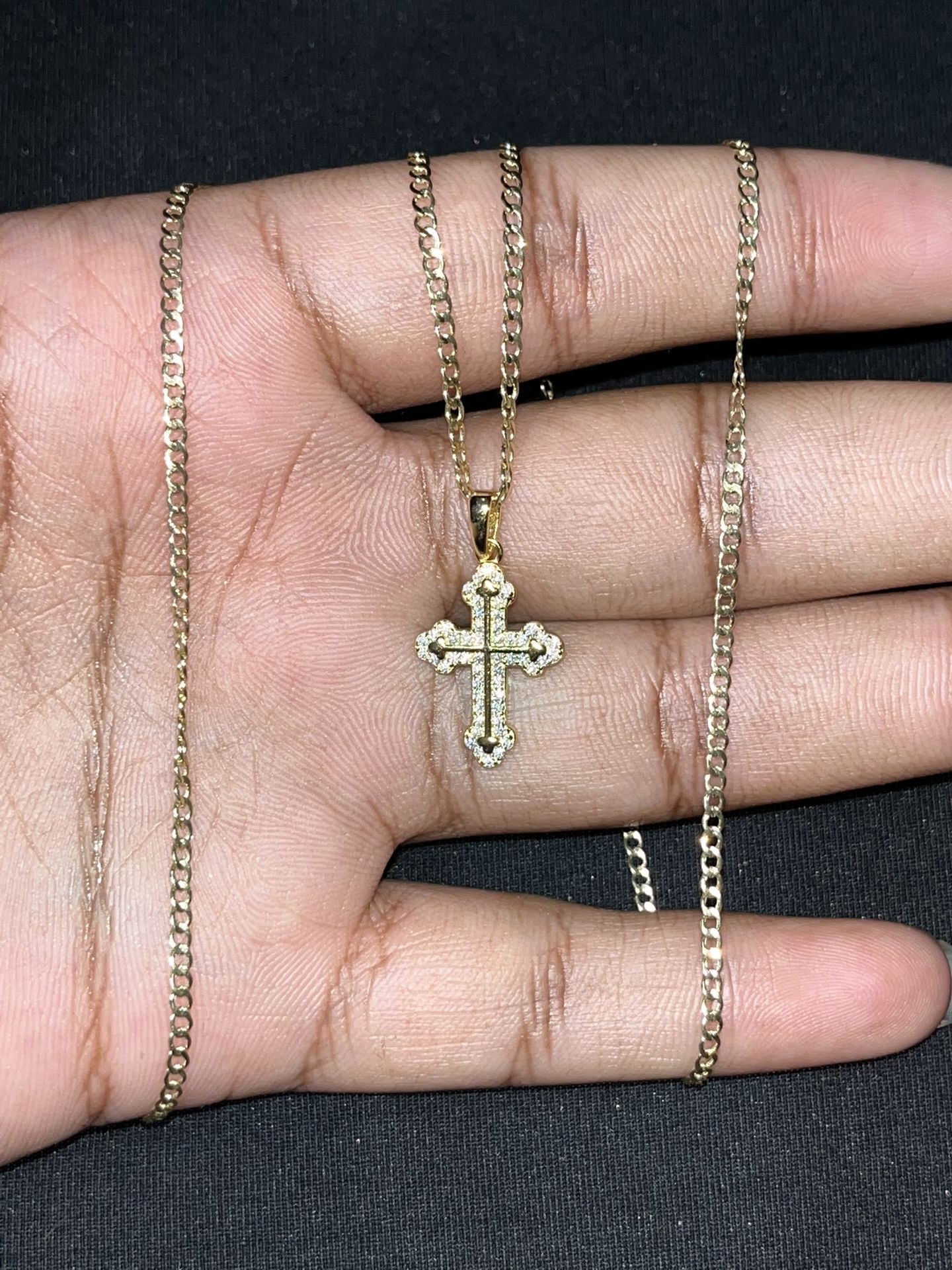 10k Yellow Gold Cuban Chain + 925 Gold Plated Moissanite Cross Pendant 
