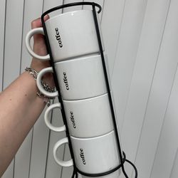 4 minimal coffee mugs with wire holder