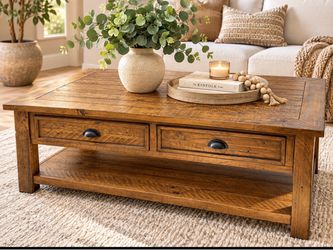 Rustic Solid Wood Coffee Table with Drawers