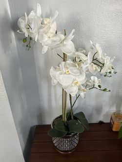 Floral Decor - Faux White Flowers With Designed Pots