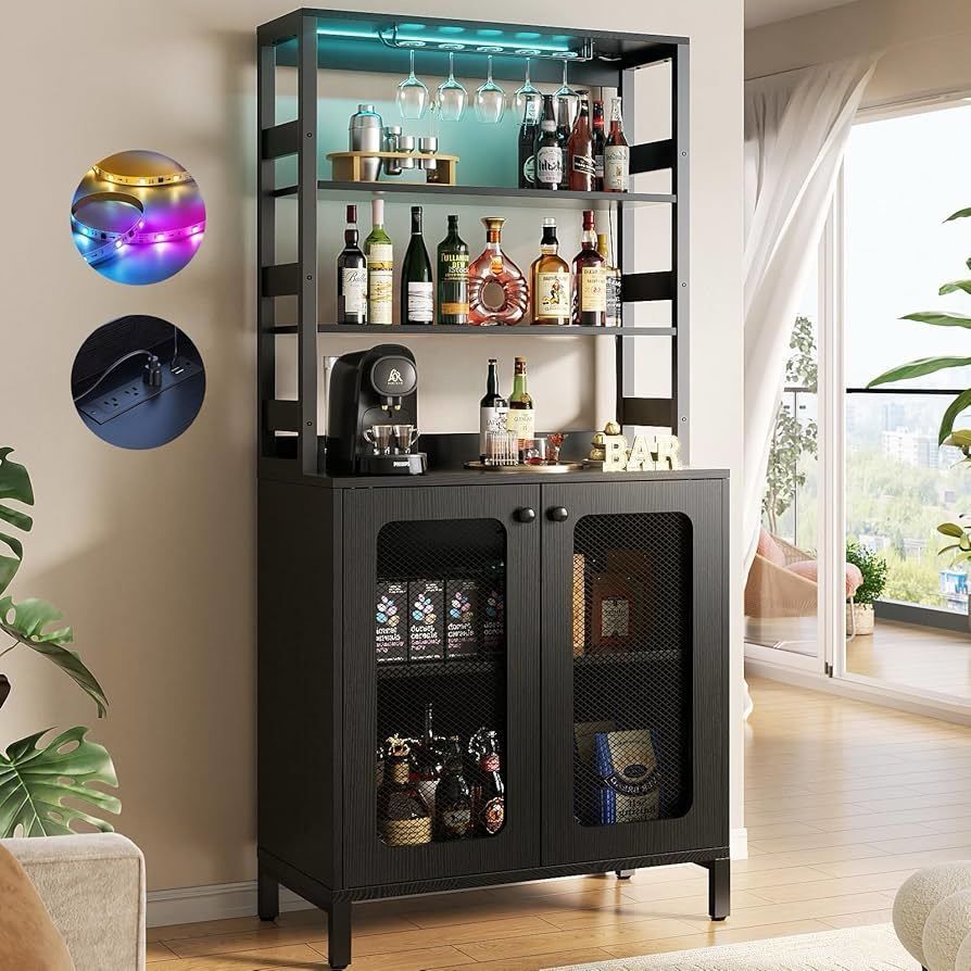 Bar Cabinet with Power Outlets, 67" Tall Wine Bar Cabinet Liquor Cabinets with LED Lights and Glass Holder, Coffee Bars Station for Living Room, Micro