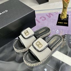 Chanel flat-soled straw-knit sandals