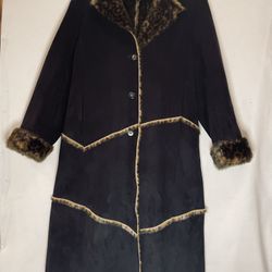 Pamela McCoy Womens 1X  Blk Leather Full Leopard Lined Coat Super Clean!