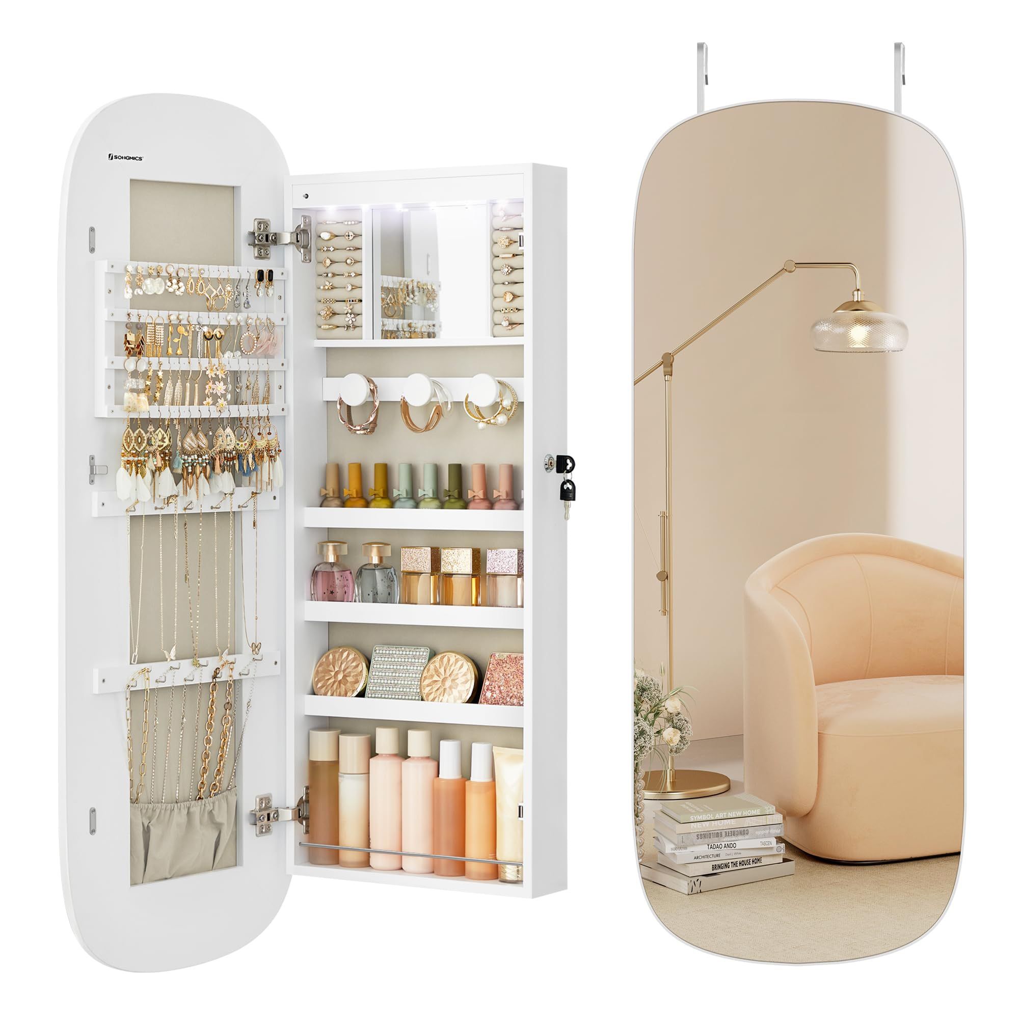 Jewelry Organizer, LED Jewelry Cabinet Wall/Door Mounted, Lockable Rounded Wide Mirror with Storage