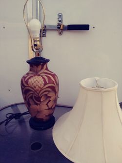 Asian style table lamp with shade. Maroon and ivory