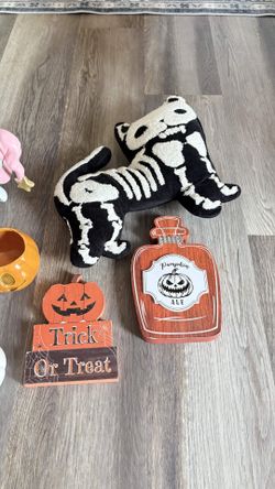 Halloween Decor Lot - Ceramic Ghosts, Pumpkins, Skeleton Cat Pillow
