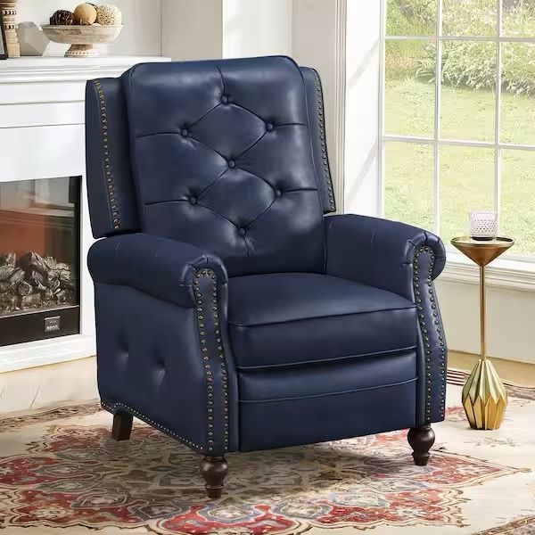 Navy Top Genuine Leather Recliner Chair with Push Back Recliner with Nail Head Trim