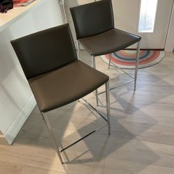 Bar Counter Chairs (2) - Genuine Leather, Chrome Legs