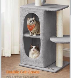 Small Cat Tree Tower with 2 Caves for Multi-Cat Households, Kittens, Scratching Posts, Light Gray UPCT005G01