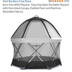 Born Free Playard Easy Pop Open Portable Playpen Oversized Canopy, Padded Floor Machine Washable Fabrics