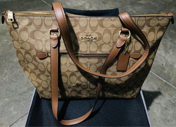 Coach Tan Signature Canvas Tote with Leather Trim