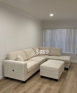 Gorgeous‼️ 3-Pc Ivory Corduroy Sectional Sofa Set