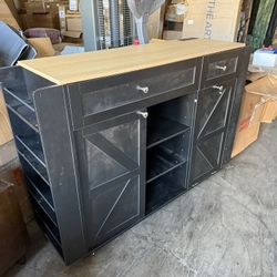 New 48" Kitchen Island Cart with Drop Leaf , 10 Gallon Storage and Tilt Out Trash Can Cabinet , Portable Kitchen Island with Wheels Drawer and Adjusta