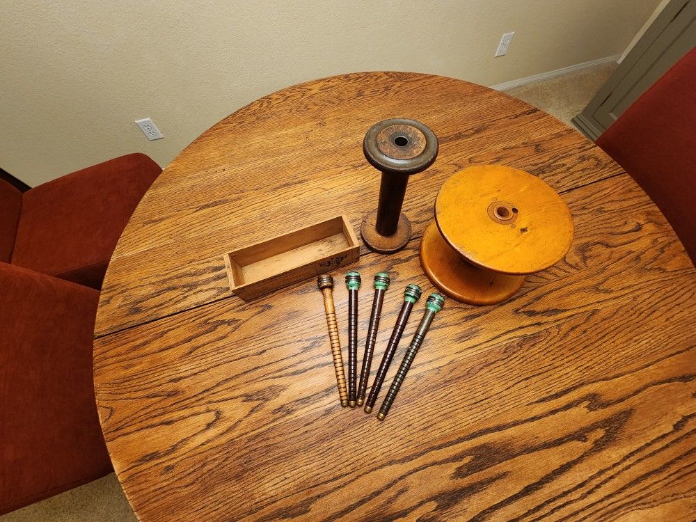 Antique Industrial/Textile Spools, Bobbins And Old Cheese Box