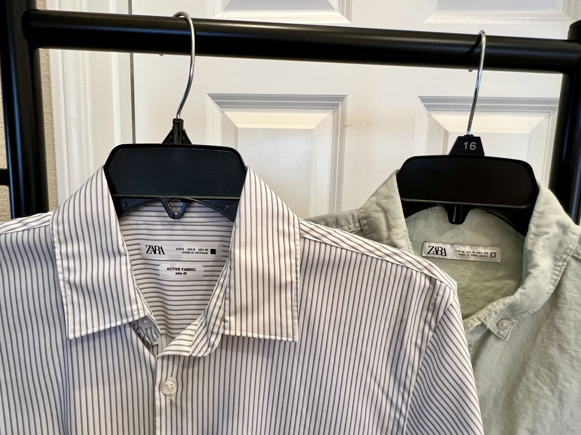 (2) Stylish ZARA long sleeve button-up shirt. Has white and grey vertical stripes. This is a slim fit shirt, size USA S (EUR S, MEX 38).l
