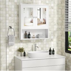 Bathroom Medicine Cabinet with Mirror, Wall Mounted, White Over The Toilet Cupboard, Adjustable Shelf, Open & Concealed Storage, 2 Magnet Doors, Space