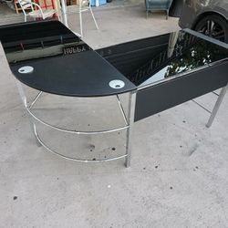 L-Shaped black tempered glass desk with metal frame read description for details LIKE NEW 