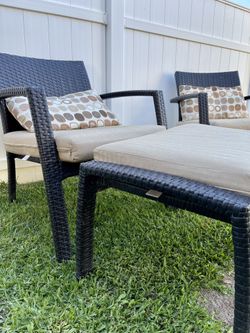 Set of 2 Outdoor Chairs with Cushions, Footstool/Ottoman
