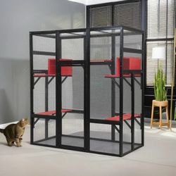 70" Outdoor Cat House for Large Cats, Enclosure Wood Cat Cage with Platforms and Small House