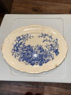 Antique Blue and White Floral Oval Platter