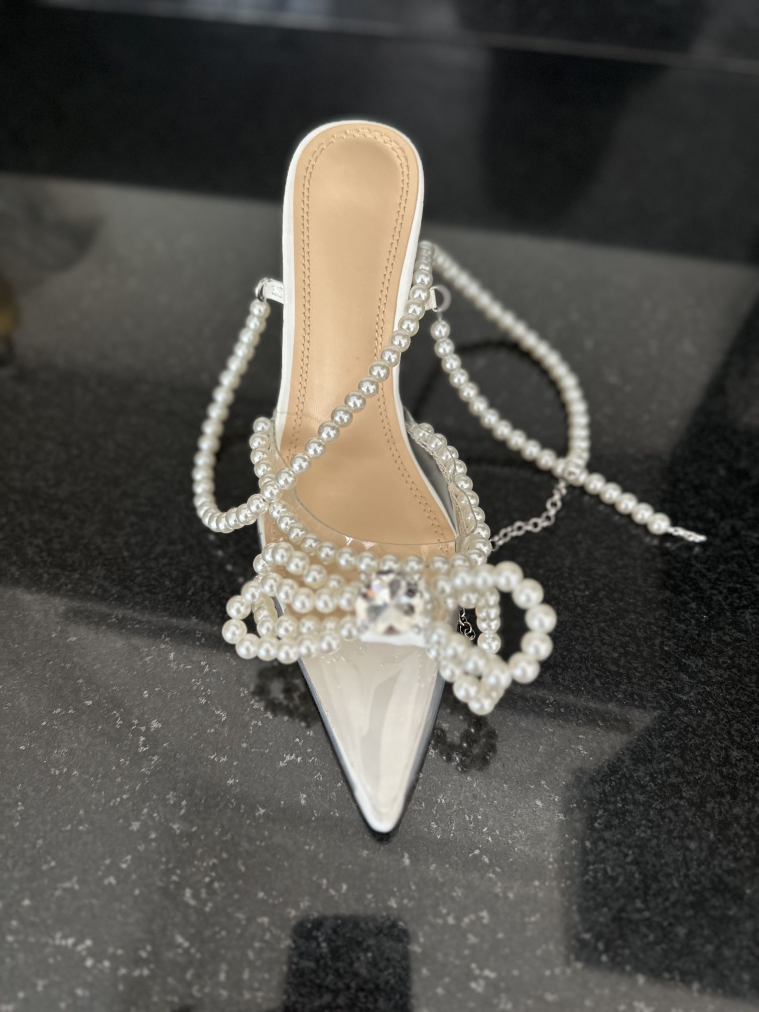 White Glam Pearl Shoes Small Heel, Wedding, Party
