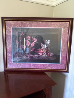 Framed Still Life Print with Doves and Roses