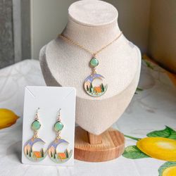 Chalcedony Sea Green Fun Camping Crescent Moon Tent Forest Scenery Jewelry Set