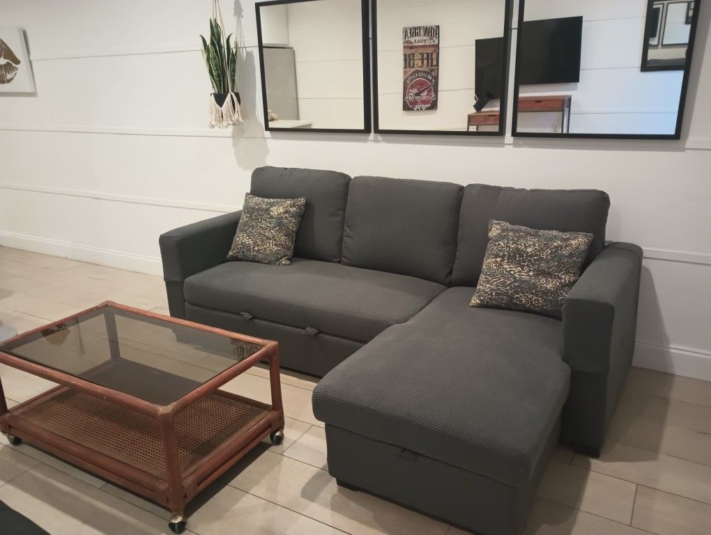 New Convertible Sleeper Sofa 4-in-1 USB Charge, Pull Out Sectional Sofa Bed, Storage Chaise