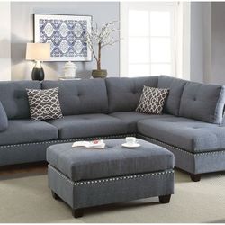 🌻🌻 3- PC SECSIONAL SOFA BLUE GREY REVERSIBLE L/ R CHAISE NEW IN BOX