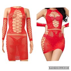 Women's Fishnet Lingerie Babydoll Mesh Hole Chemise Babydoll Sleepwear Mini Dress One 