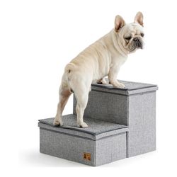 BEDELITE Dog Stairs for Large Dogs, Heavy-Loaded Foldable Pet Stairs Up to 200Lbs with Detachable Mats & Storage，2 Tiers Dog Steps for Bed and Couch, 