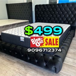 Queen Black Button Platform Bed w. Orhopedic Mattress Included 