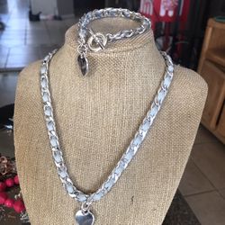 Silver Necklace With Heart Pendant Necklace And Matching Bracelet 