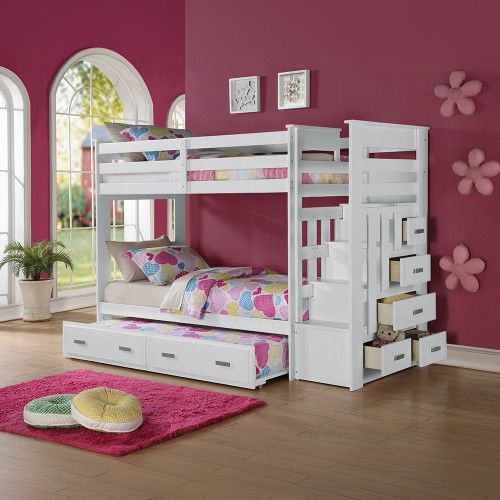 Brand New White Twin Size Bunk Bed w Staircase + Trundle Bed