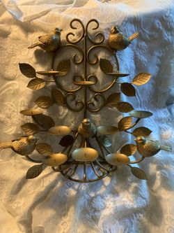 Metal candle holder/birds & leaves
