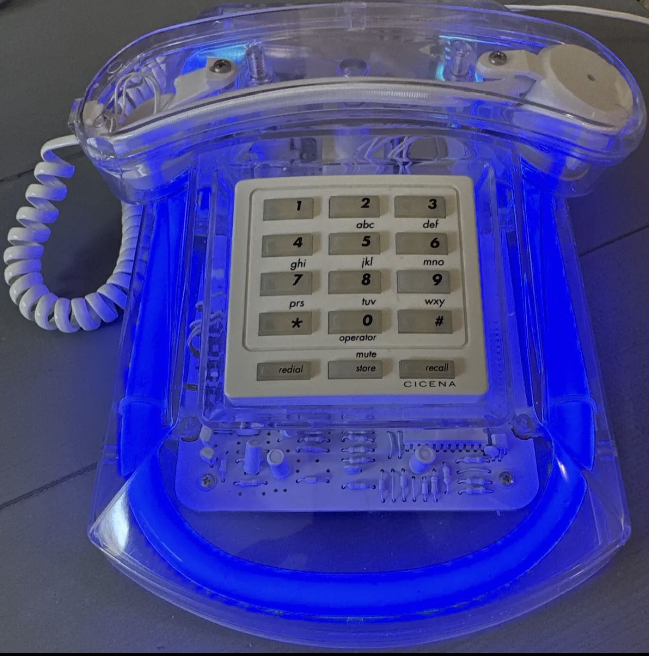 Vintage 80's ROXANNE Clear Lucite Phone Light-Up Neon Blue Telephone By Cicena
