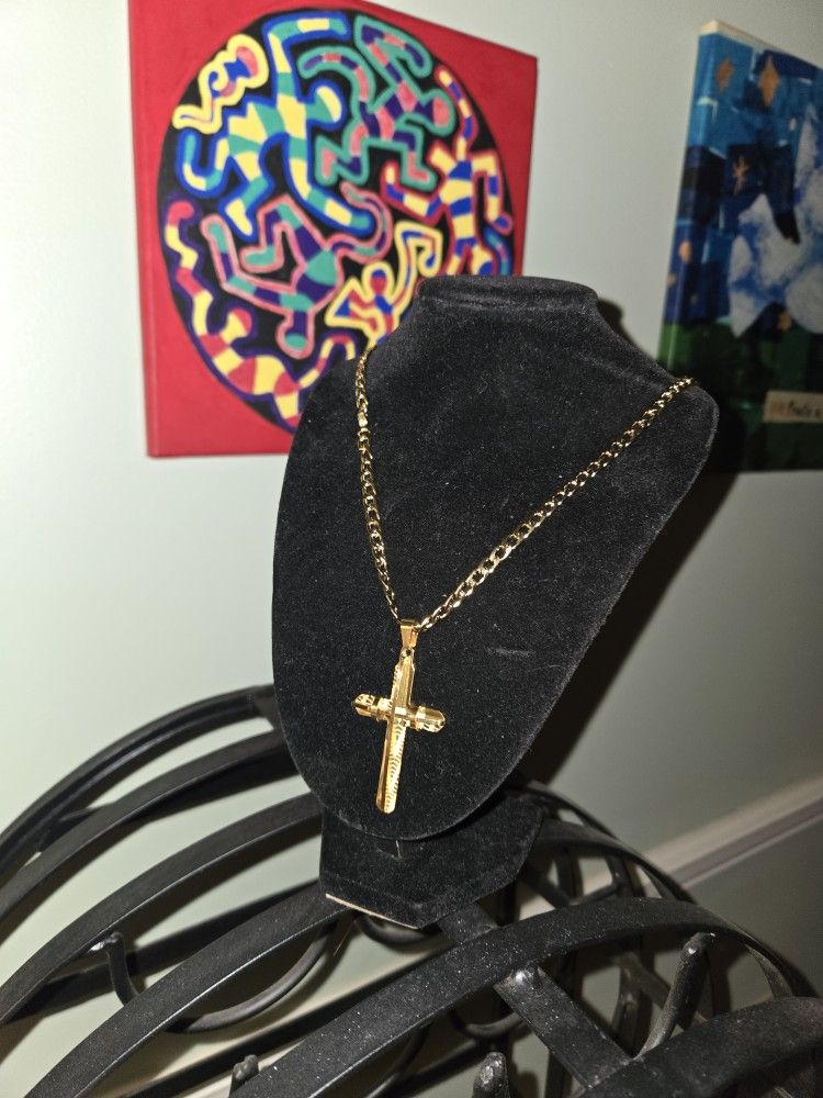 Gold Stainless Steel Necklace With A Cross Charm
