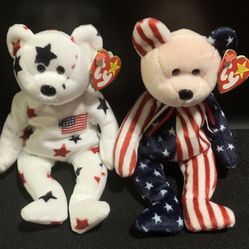 Two new Ty Beanie Babies 9” SPANGLE Pink Face patriotic flag day bear dated 6/14/99 and GLORY  4th of July bear dated 7/4/97 