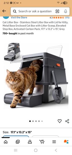 Cat Litter Box - Stainless Steel Litter Box with Lid for Kitty, Metal Base Enclosed Cat Box with Litter Scoop, Elevated Step Box, Activated-Carbon Pac