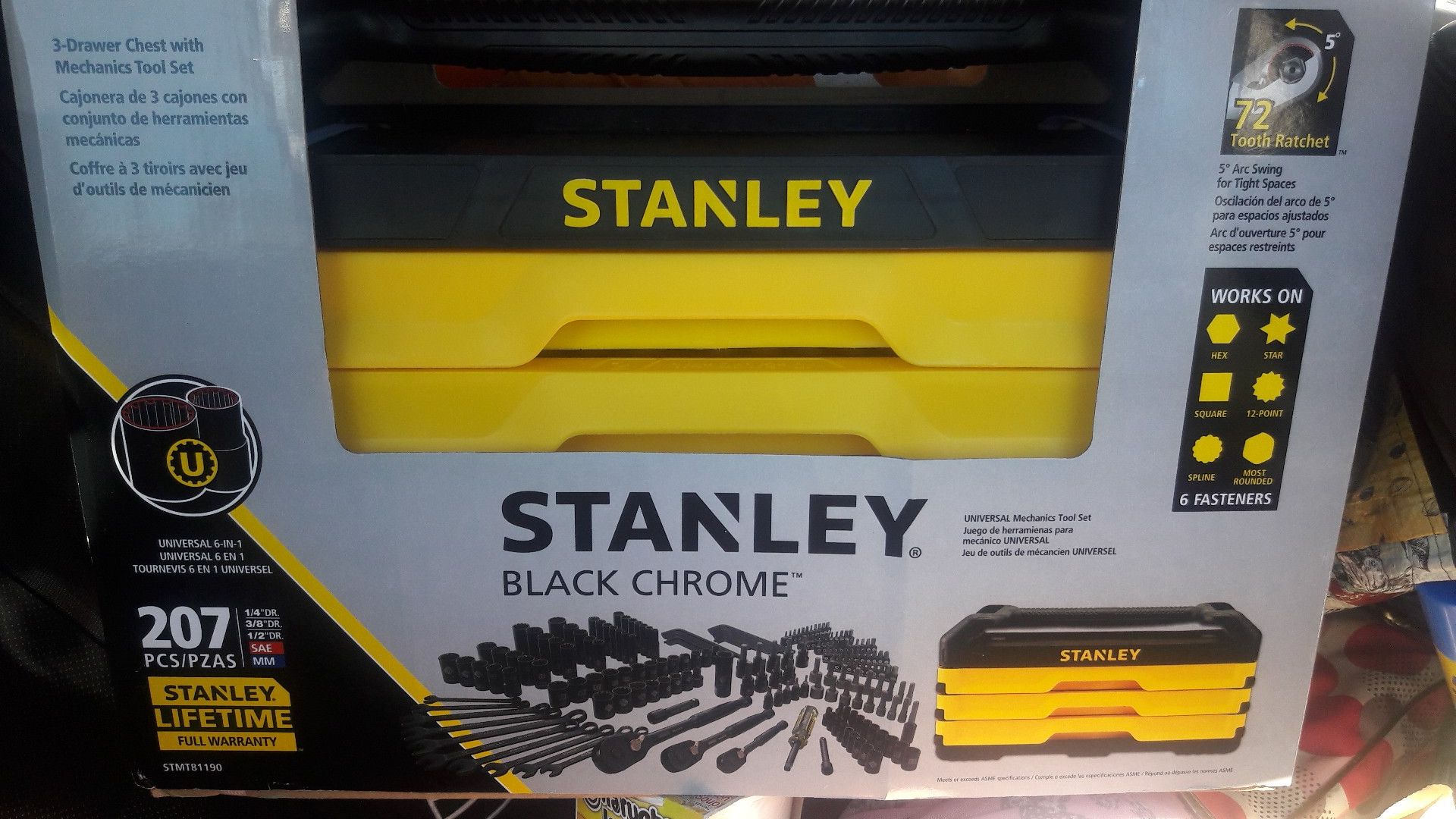 Stanley BLACK CHROME 207 piece Tool Set with 3 drawer chest and Lifetime warranty
