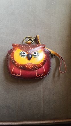 Leather wristlet owl coin purse