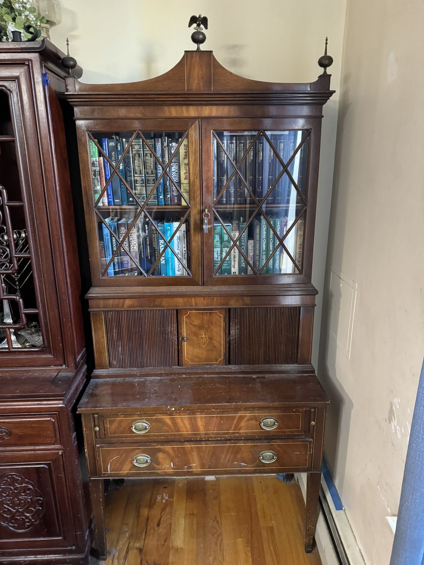 Antique Mahogany Bookcase Cabinet With Glass Doors and Brass Accents