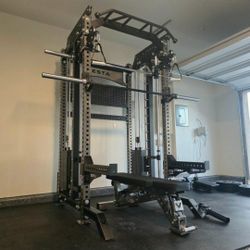 NEW Squat Rack Smith Machine Functional Trainer Cable Cross Over  Adjustable Bench Press 45lb Barbell Bumper Plates Home Gym 