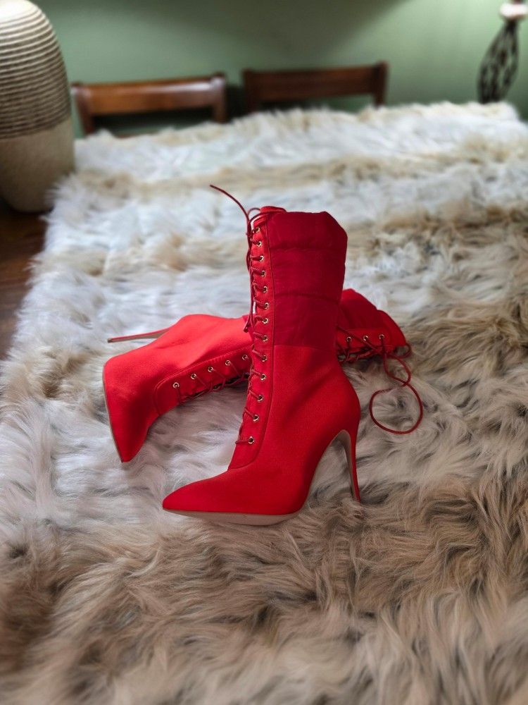 Super Sexy Red 5 Inch Heel Lace Up Midcalf Boots