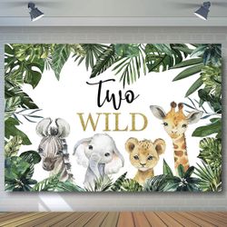 Two Wild Backdrop for Boy Birthday Party Jungle Safari Animals Zoo Green Leaves Photography Background Two Wild Boy 2nd Second Birthday Party