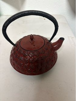 Japanese Cast Iron Teapot Red Decorative Pattern with Black Handle