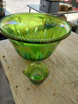 Green Glass Punch Bowl Set