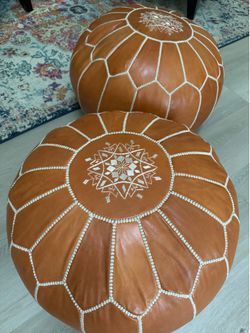 Pair of Boho Leather Round Poofs